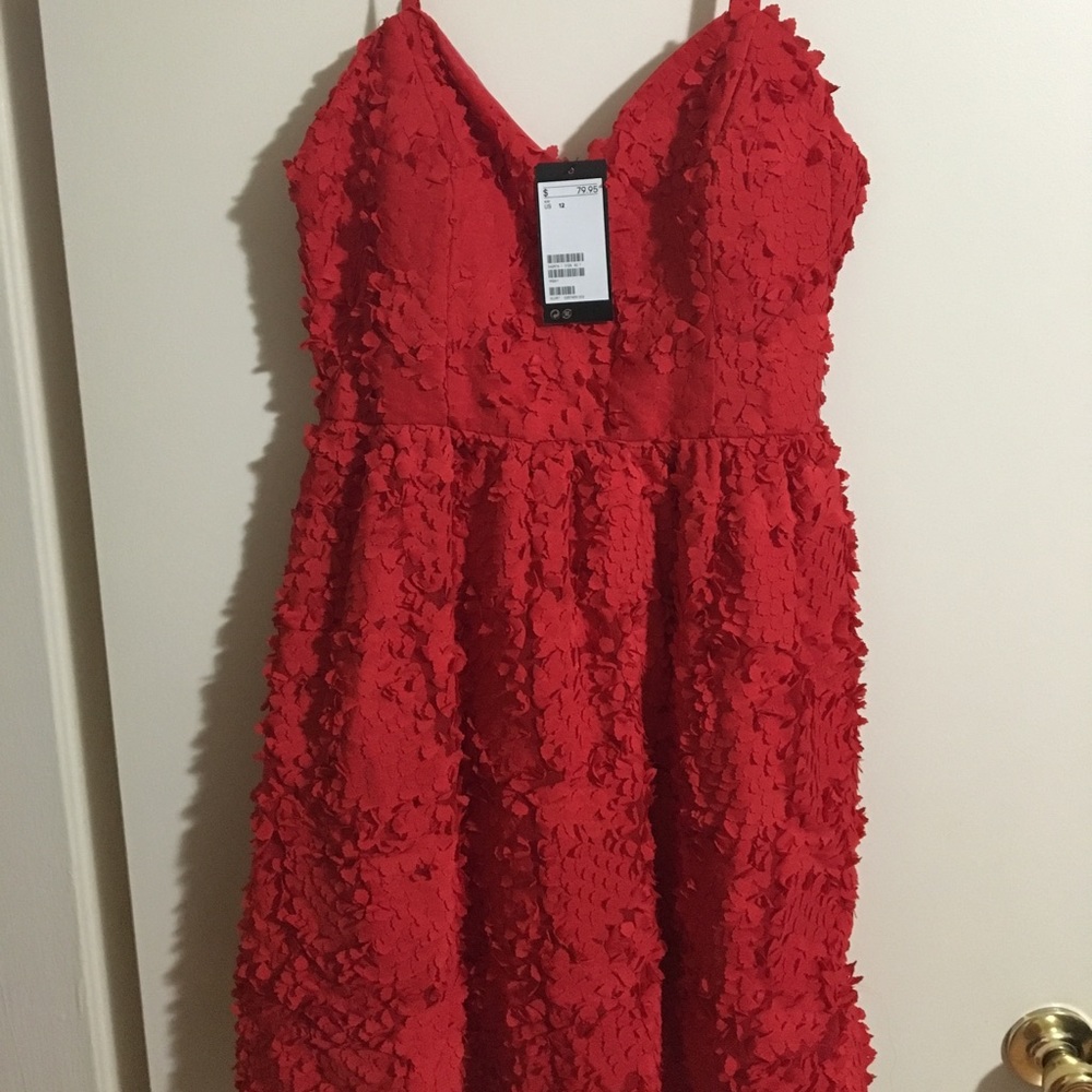 H&M Red Strapless Textured Floral-Applique Dress